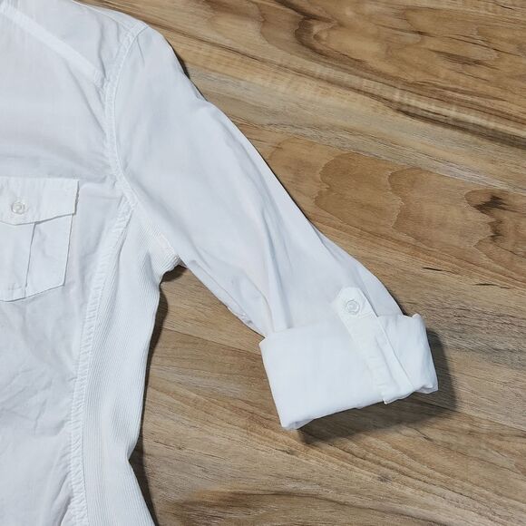 💜Old Navy White Fitted Buttoned Adjustable Long Sleeve Top Medium - Picture 5 of 10